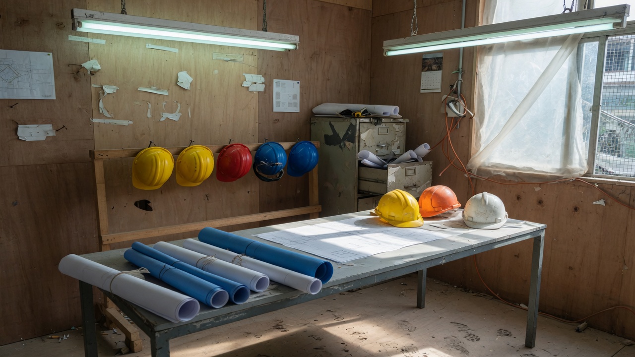 地盤寫字間，安全帽同圖則 / Site office, hard hats and drawings