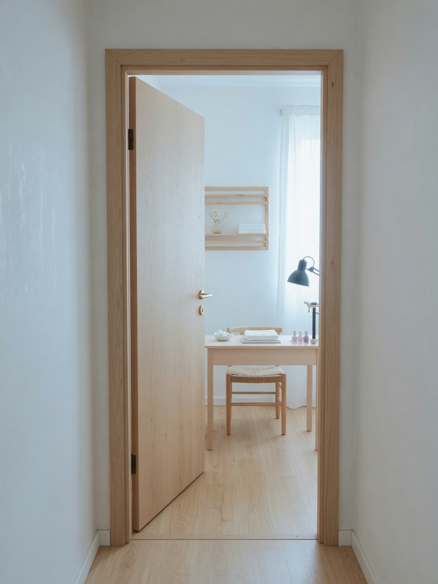 工作室門口，日光下的木門半開 / Studio doorway, a timber door half open in daylight