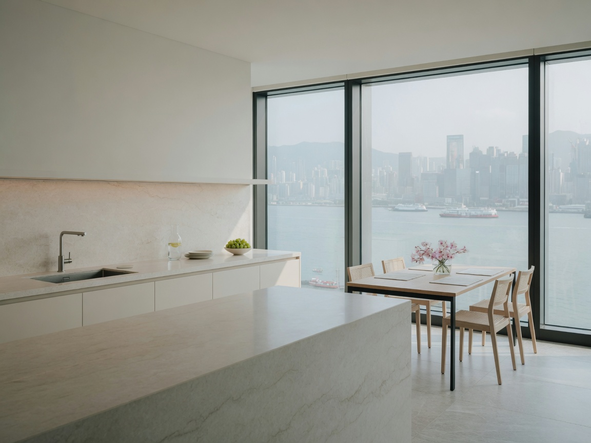 示範單位廚房同飯廳望住維港 / Showflat kitchen and dining looking at the harbour