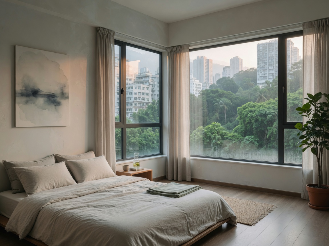 半山睡房望住樹林同樓宇 / A Mid-Levels bedroom looking onto trees and towers