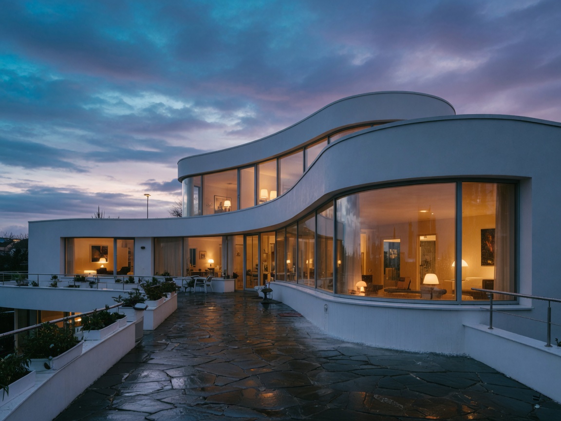 黃昏白色弧形洋房,室內暖光 / A white curved house at dusk with warm interior light