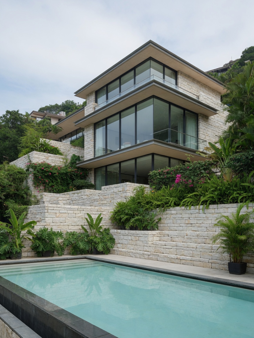 薄扶林山坡石牆洋房同泳池 / A Pok Fu Lam hillside house with stone walls and a pool