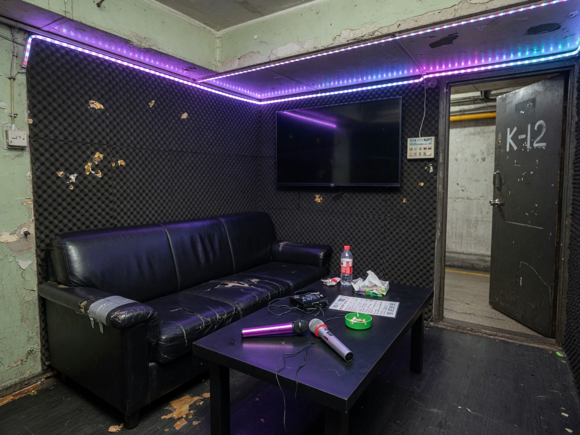 觀塘工廈卡拉OK廂，沙發、咪同燈條 / A Kwun Tong karaoke room with sofa, mics, and light bars