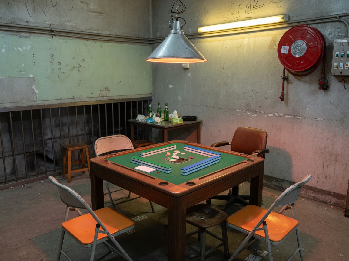 麻雀枱同摺椅，工廈房間吊燈 / A mahjong table and folding chairs under a warehouse pendant