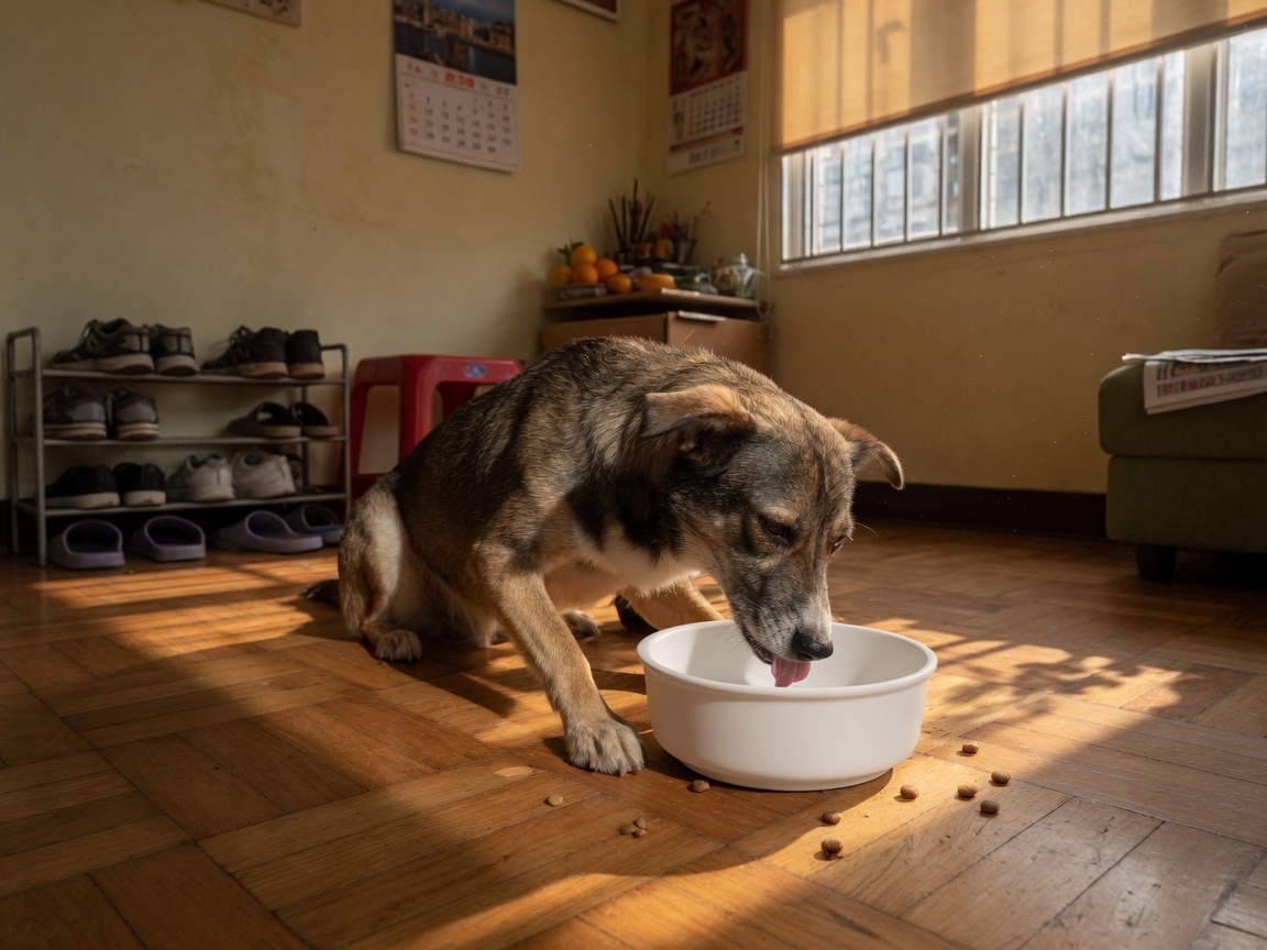 A dog at a bowl