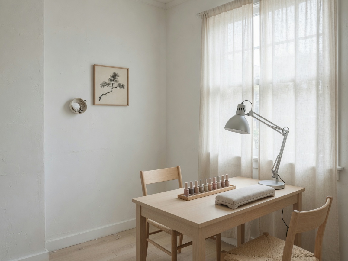 上環工作室靠窗美甲枱，日光同鍍鉻燈 / Nail desk by the window, daylight and chrome lamps