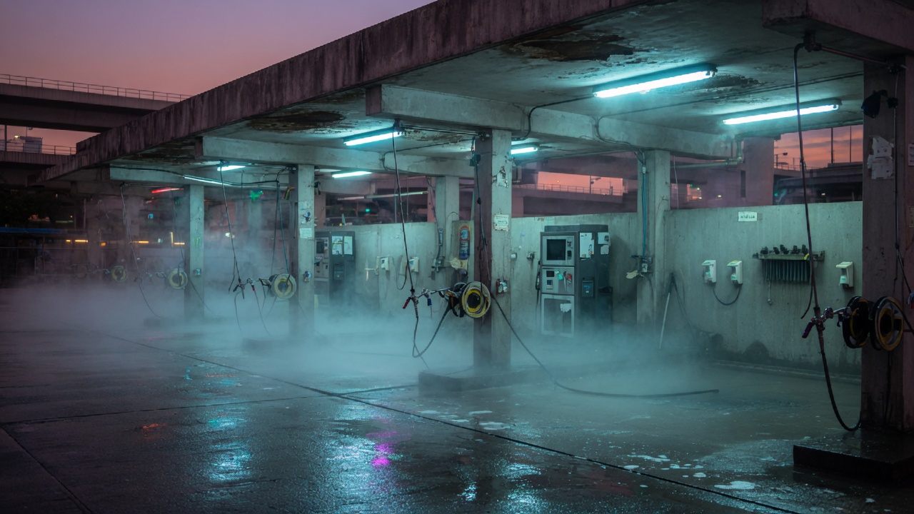 黃昏洗車位，水霧同黃色地線 / A dusk car wash bay with mist and bay lights