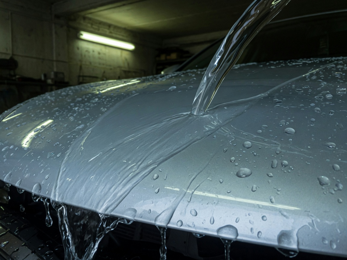 銀車車頭蓋被清水沖過，水珠反光 / A silver bonnet rinsed, water catching the light
